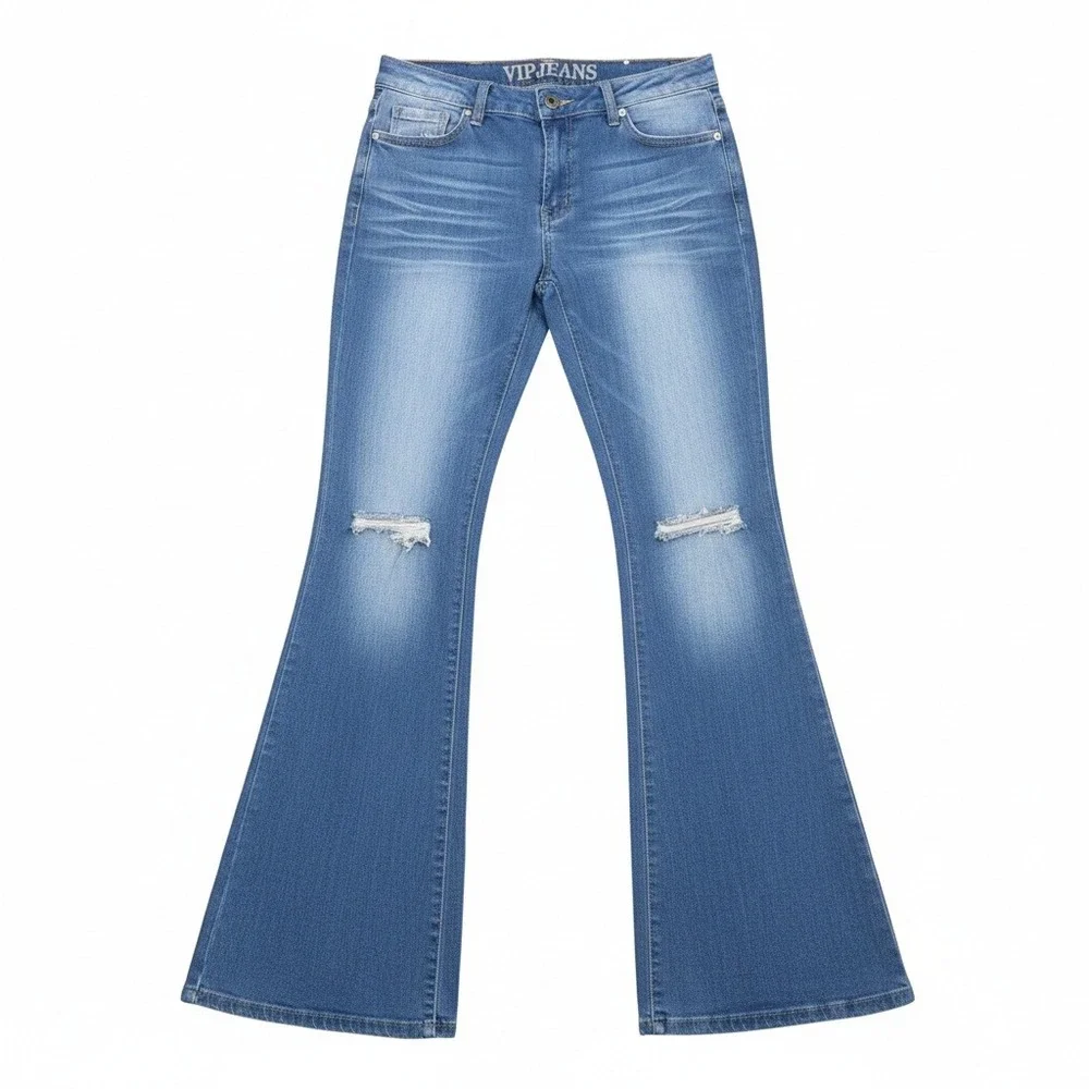 VIP Jeans Womens 13/31 Distressed Flare Bell Bottom Blue Denim Stretch Mid‎ Rise